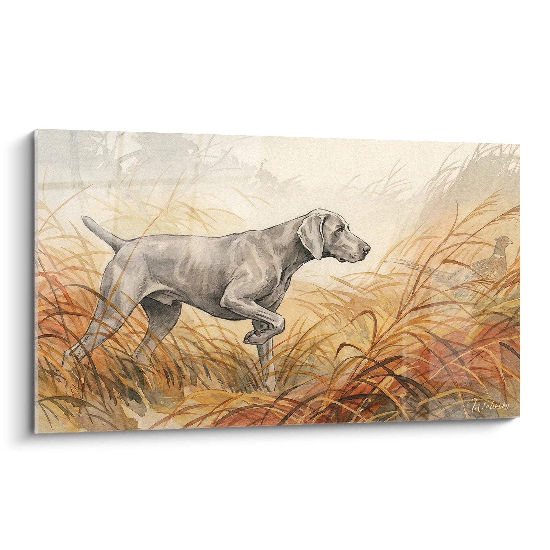 Weimaraner-portret in een natuurlandschap – Goudkleurig karaktervol kunstwerk met elegante uitstraling – Variant 2