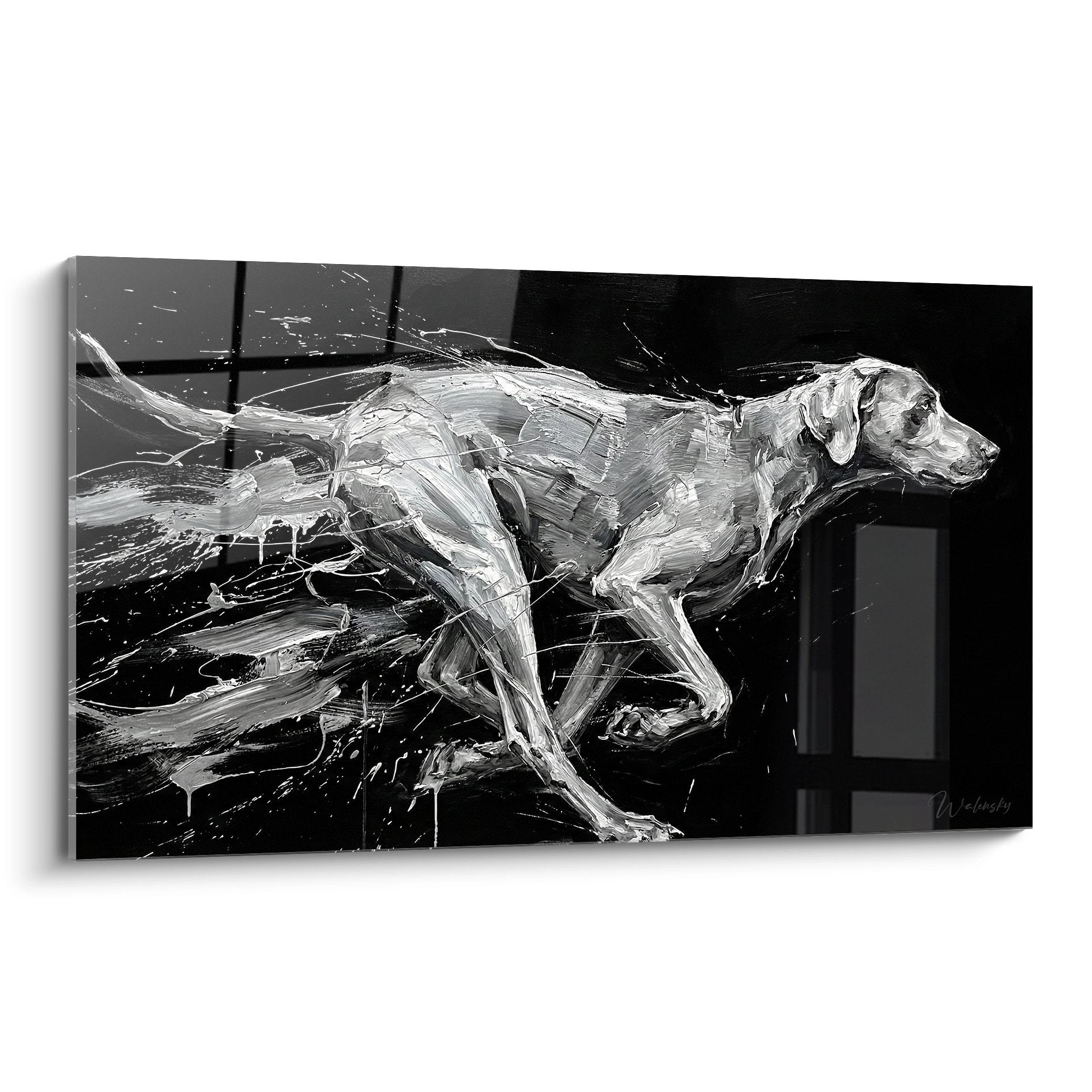 Weimaraner in beweging – Zwart-wit karaktervol kunstwerk