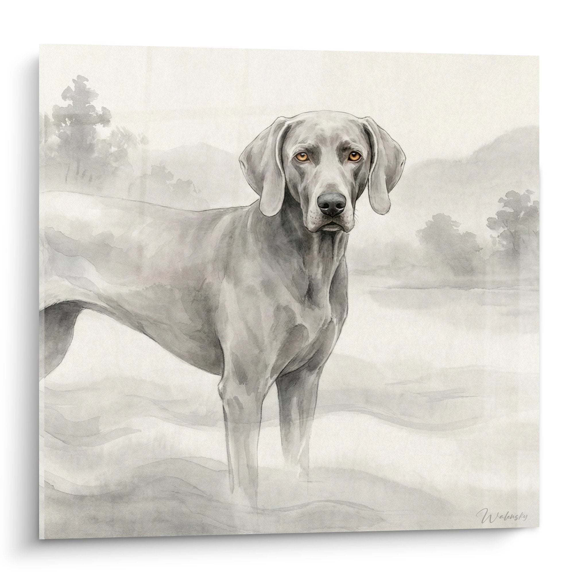 Weimaraner-portret in de mist – Goudkleurig aquarelkunstwerk