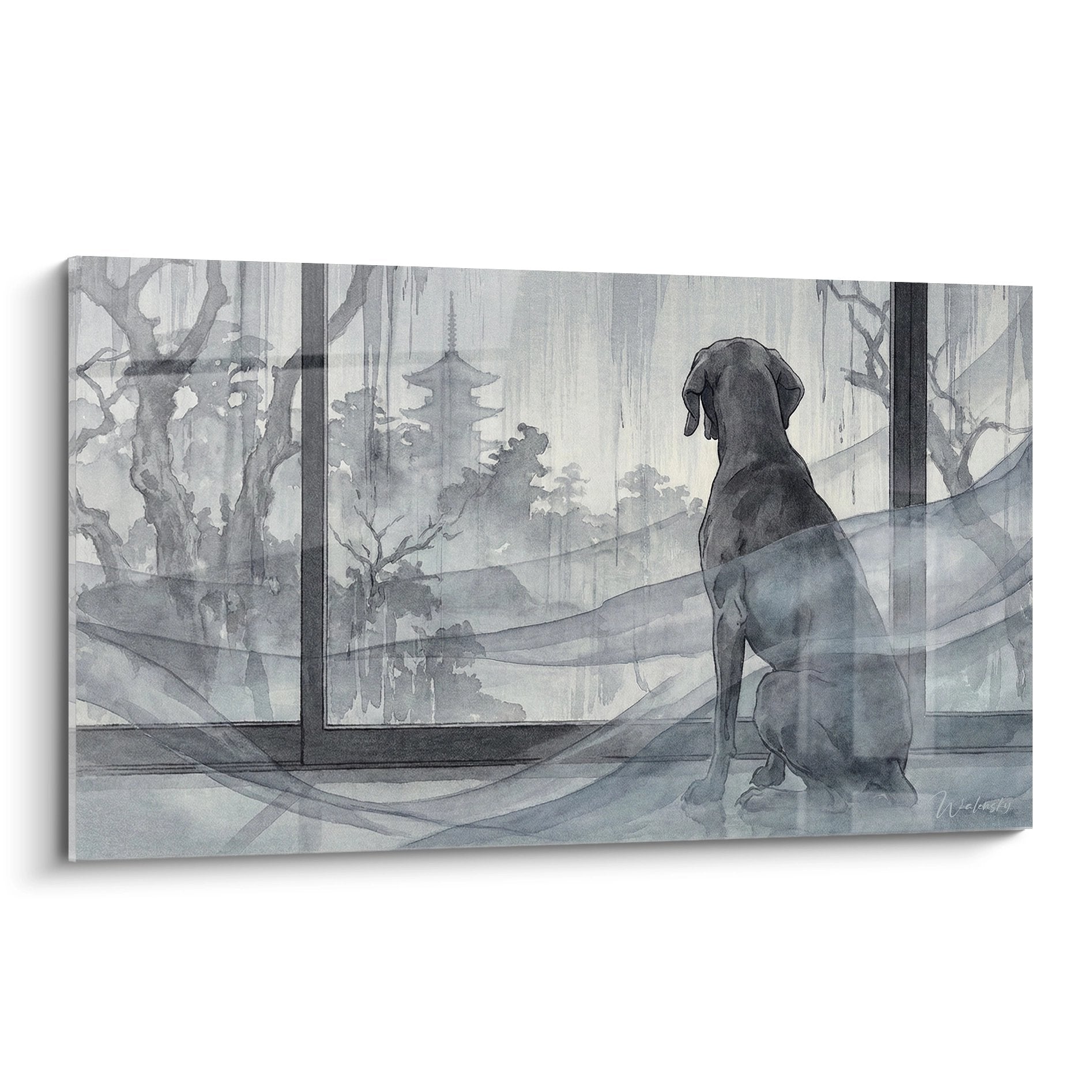 Zittende Weimaraner – aquarelkunstwerk