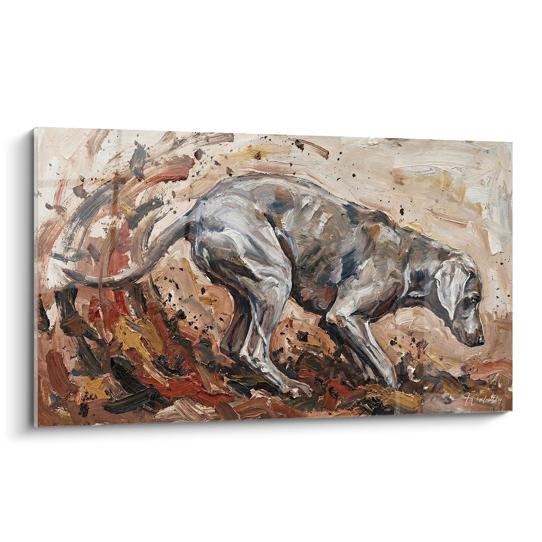Liggende Weimaraner – karaktervol kunstwerk met rustige uitstraling