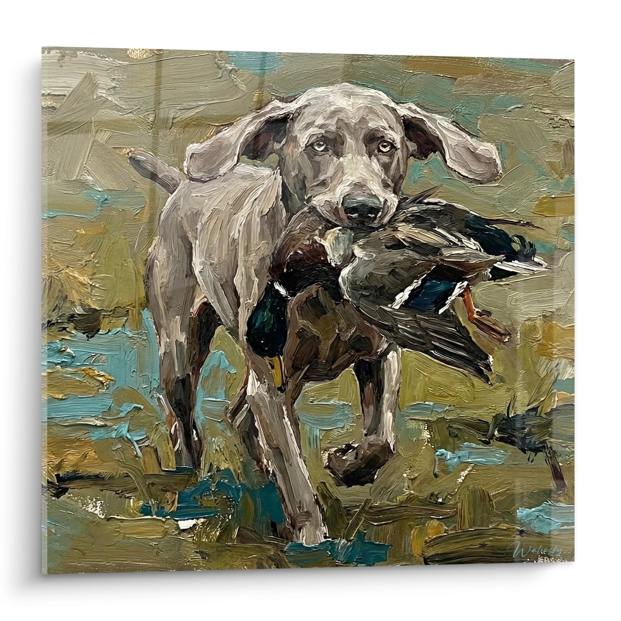 Weimaraner-portret in een natuurlandschap – karaktervol kunstwerk met krachtige uitstraling