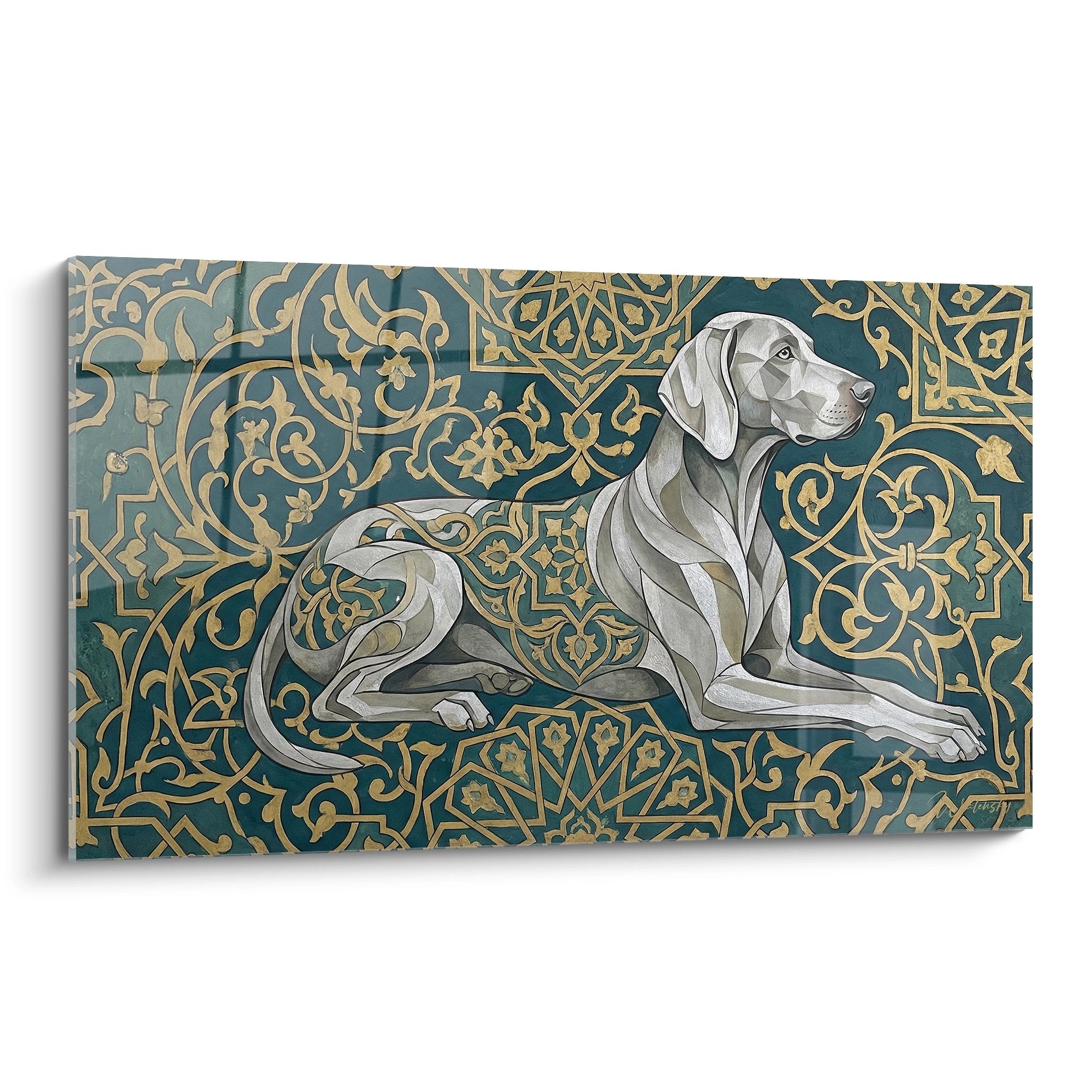 Weimaraner-portret – Goudkleurig karaktervol kunstwerk – Variant 2