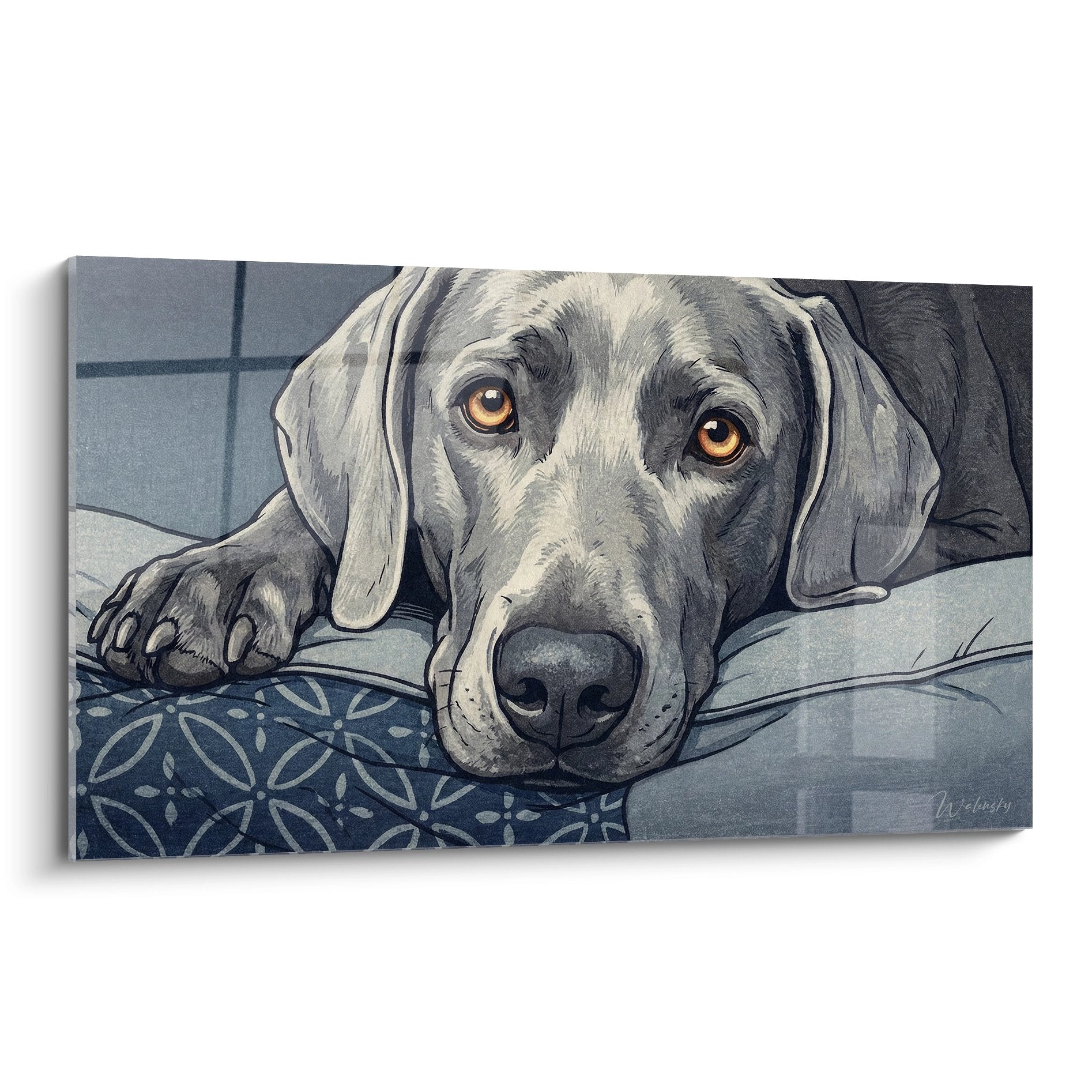 Liggende Weimaraner – karaktervol kunstwerk met zachte uitstraling
